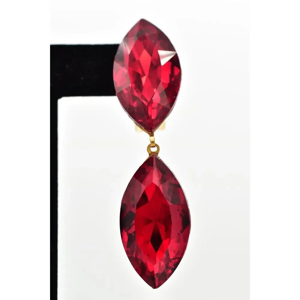 Vintage Red Crystal Clip On Earrings Drop Dangle Chunky Sparkling 1980s BinBK